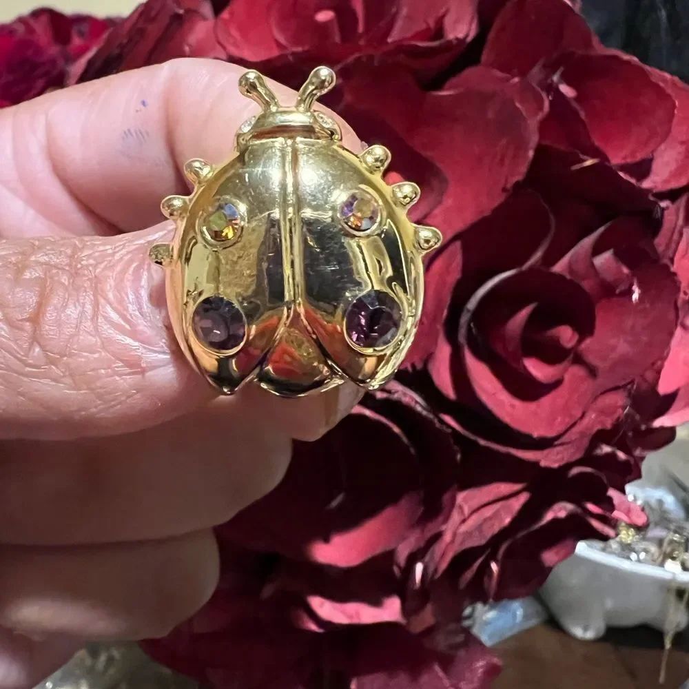 ANNE KLEIN Ladybug Pin in Gold Tone with Rhinestones